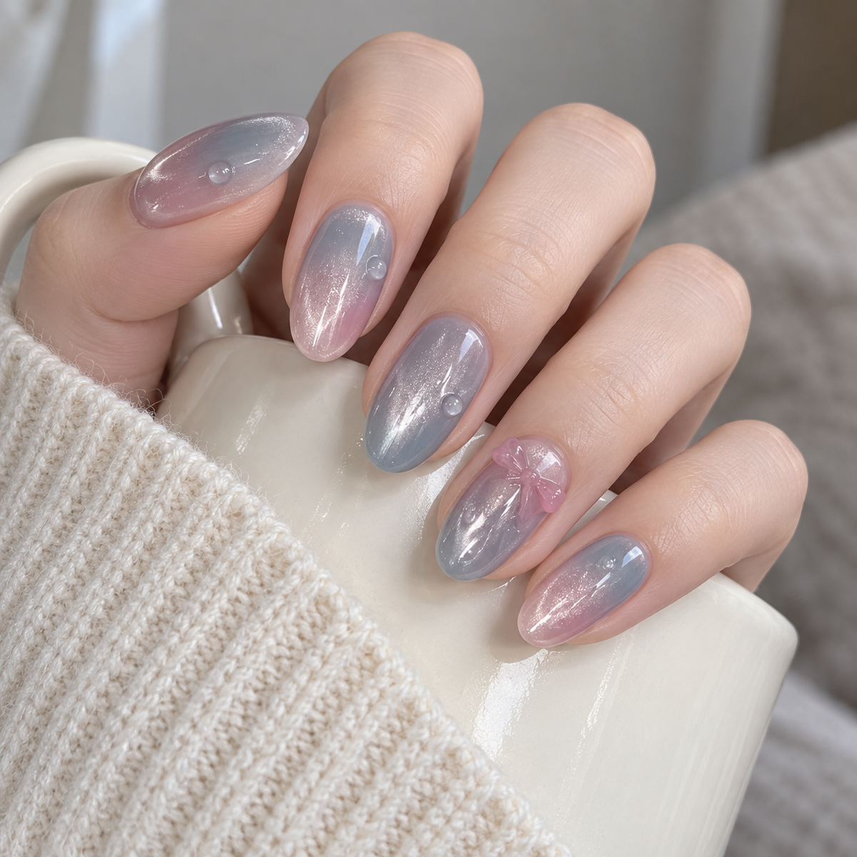 Icy Blue Cat Eye Bubble Bow Press On Nail Set