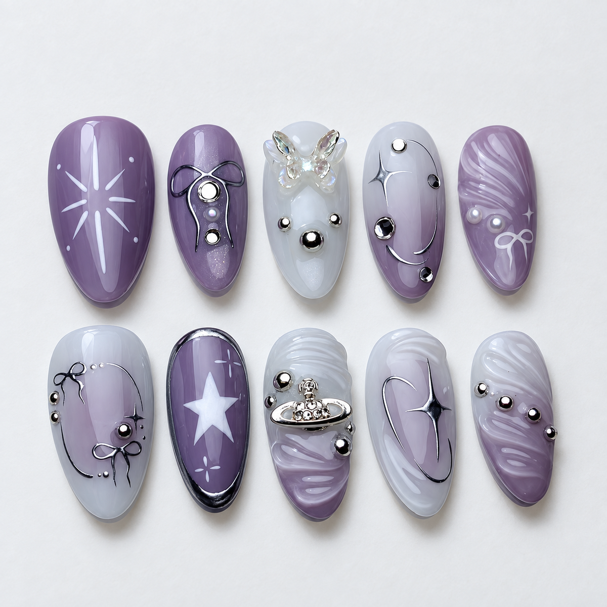 Cosmic Purple Rhinestone Bow Press On Nail Set