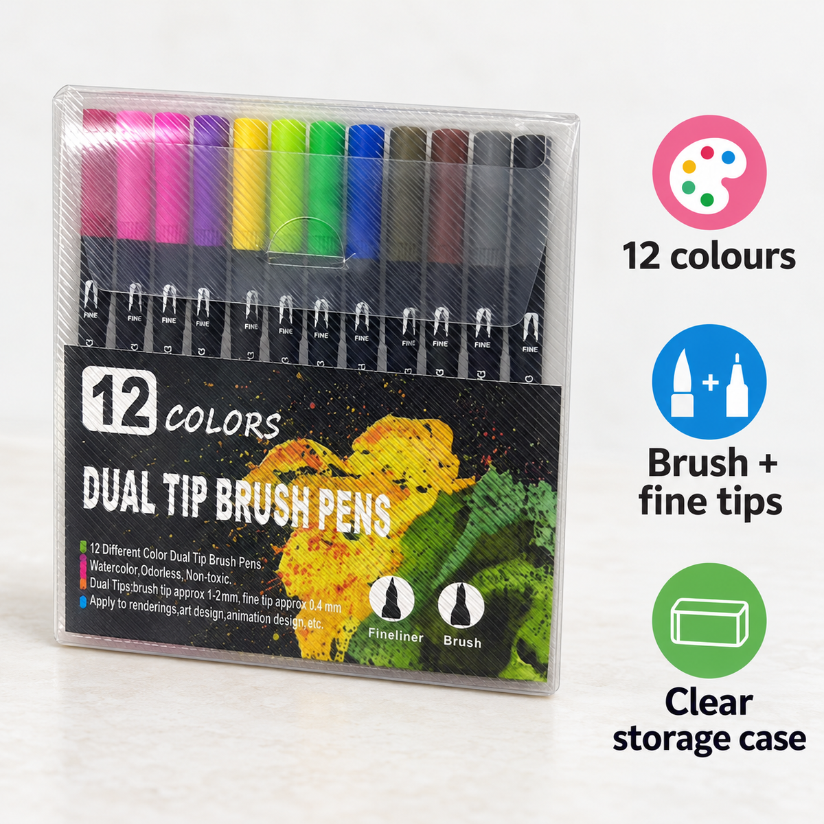 Dual-Tip Brush Pen Set, 12 Colours – Black Barrels 7
