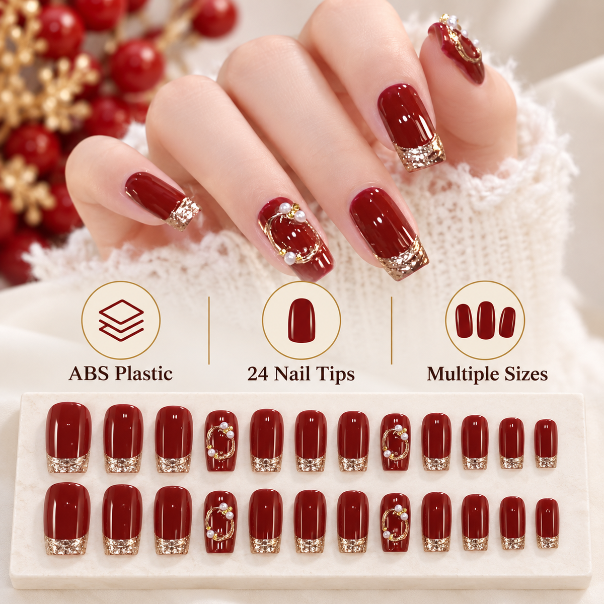 Wine Red Crystal New Year Press On Nails 24 Piece Set - image 7