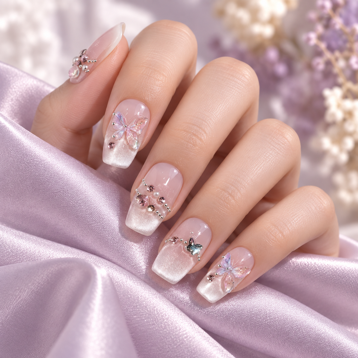 Ice Crystal Butterfly Cat Eye Press On Nail Set