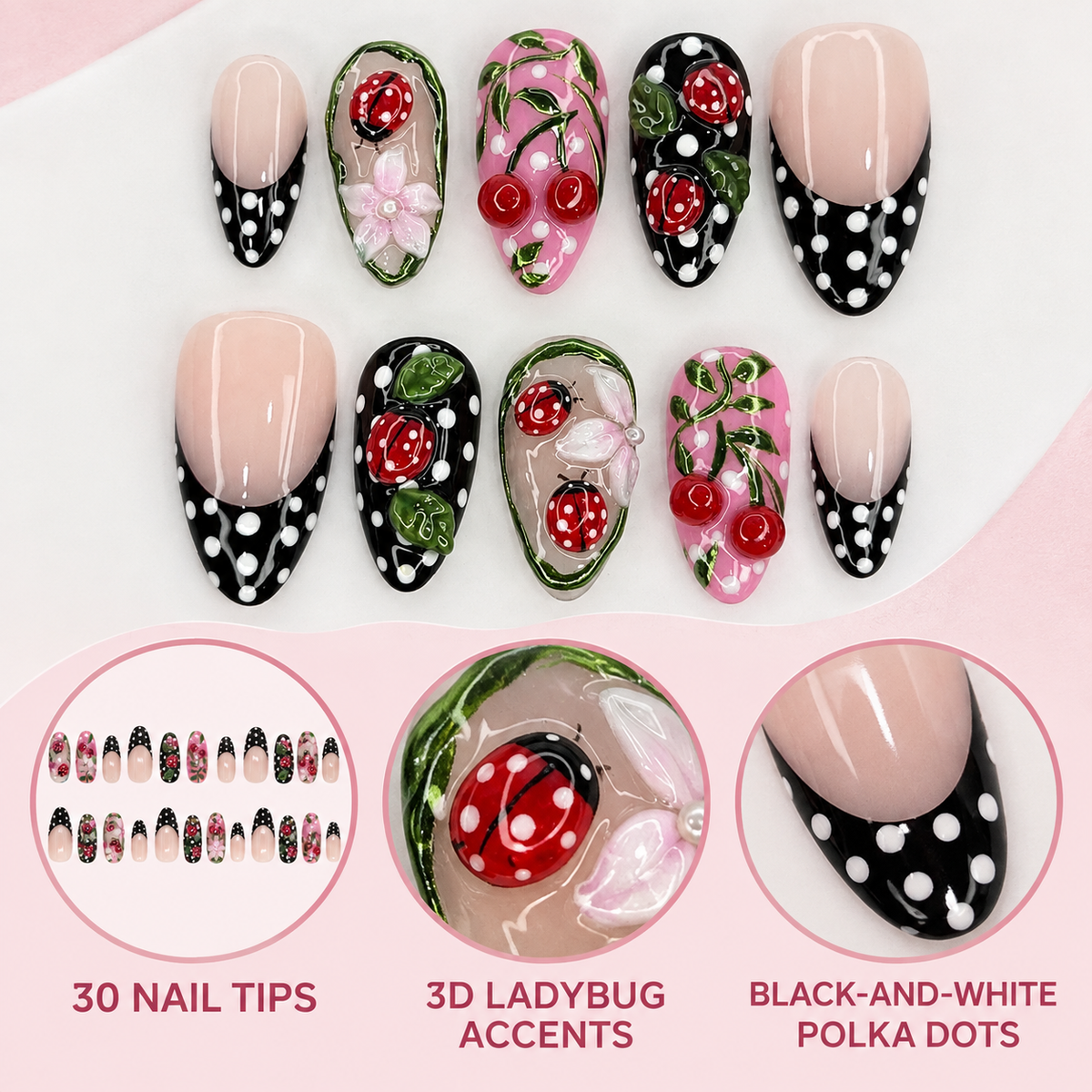 Polka Dot Ladybug Floral Press On Nail Set