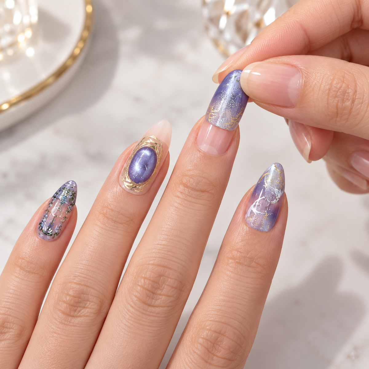 Blue Purple Galaxy Cat Eye Press On Nail Set 6
