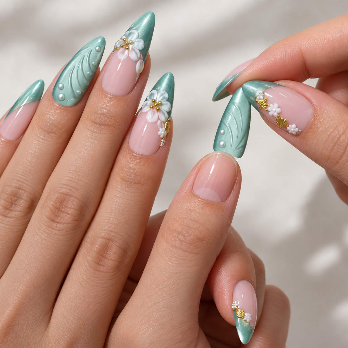 Misty Forest Green Seashell Floral Cat Eye Press On Nail Set · mproduct-2fe3801e365f0f413798