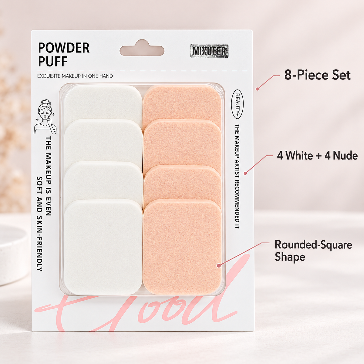 Square Makeup Puffs – 8-Piece White & Nude Set 7