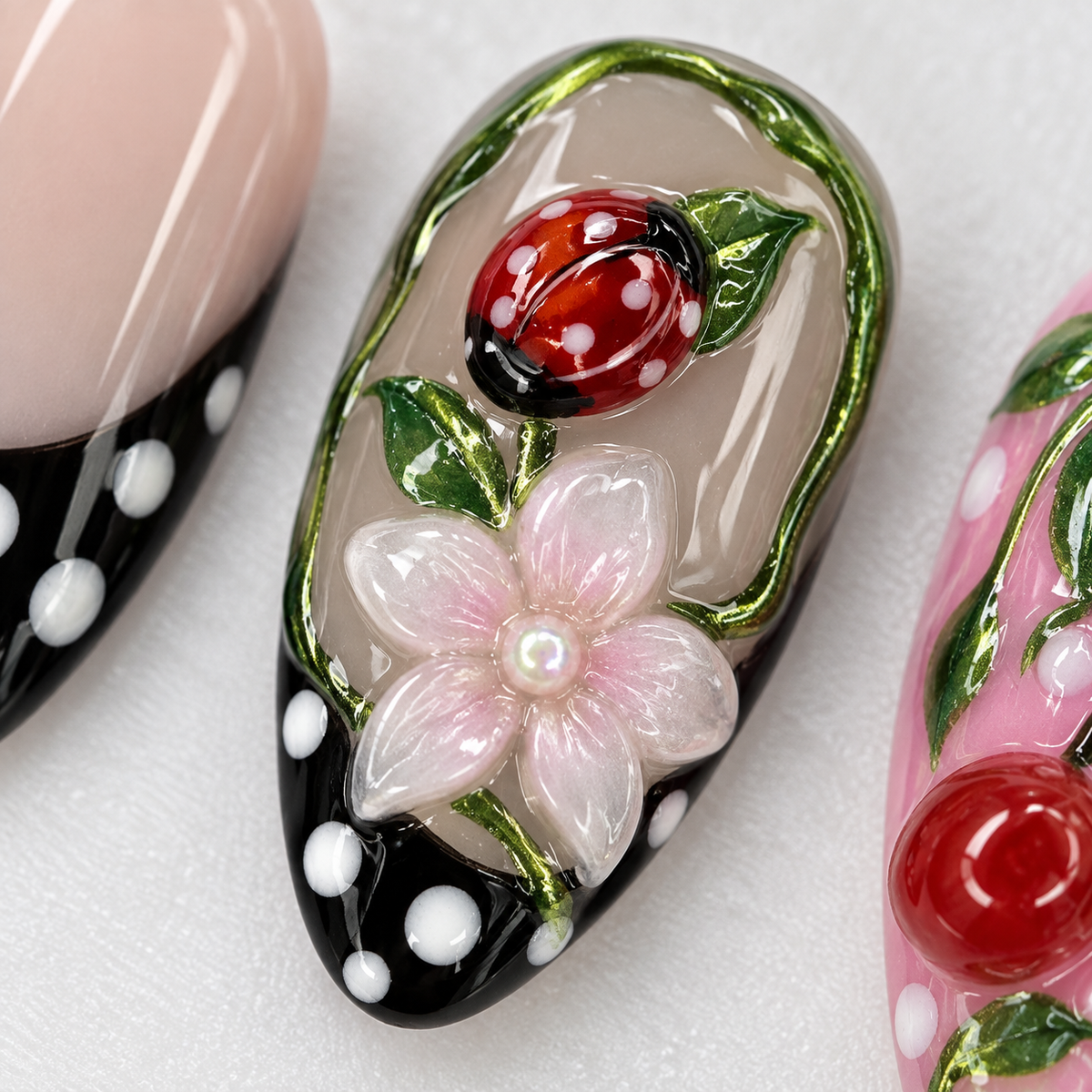Polka Dot Ladybug Floral Press On Nail Set