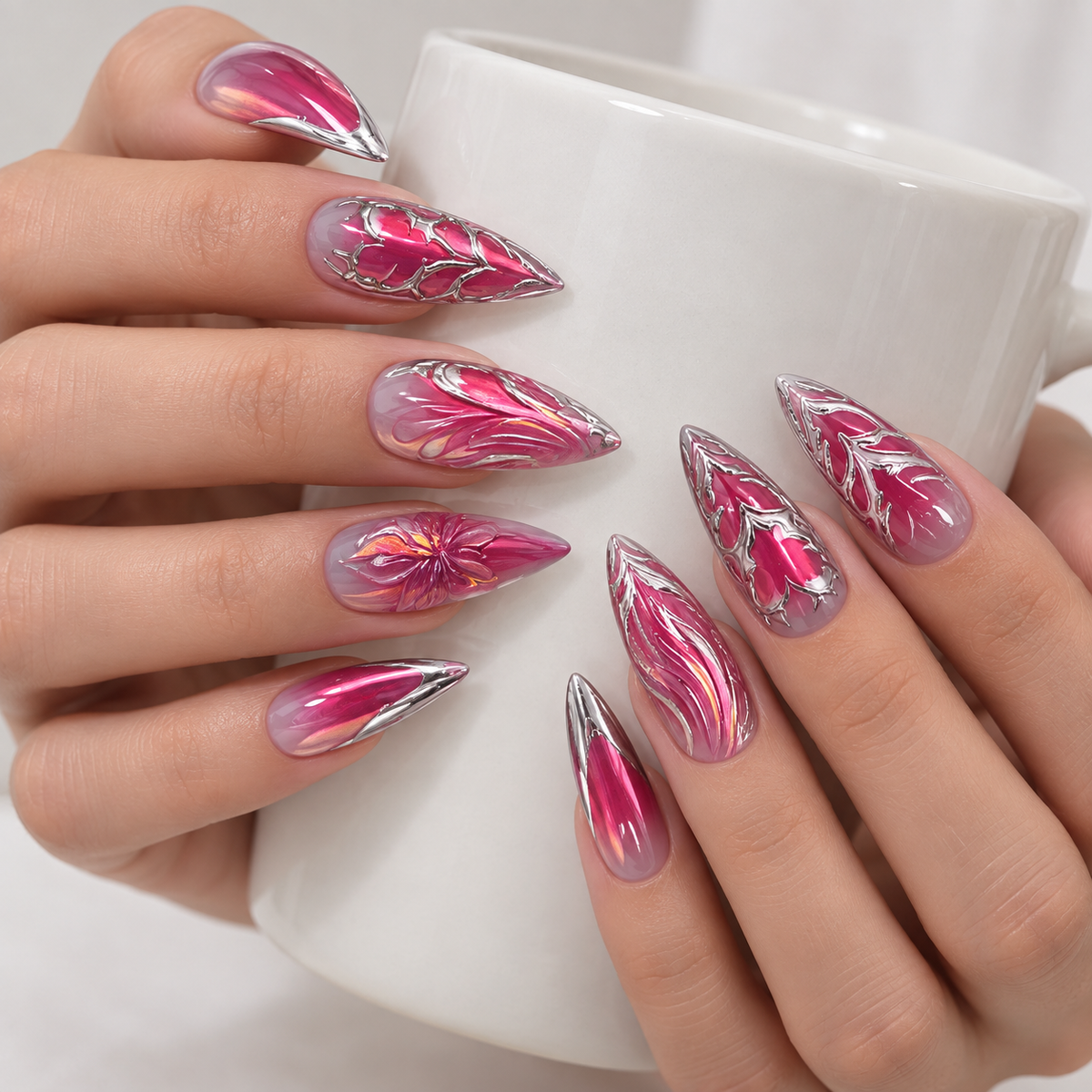 Silver Feather Liquid Chrome Wave Press On Nail Set