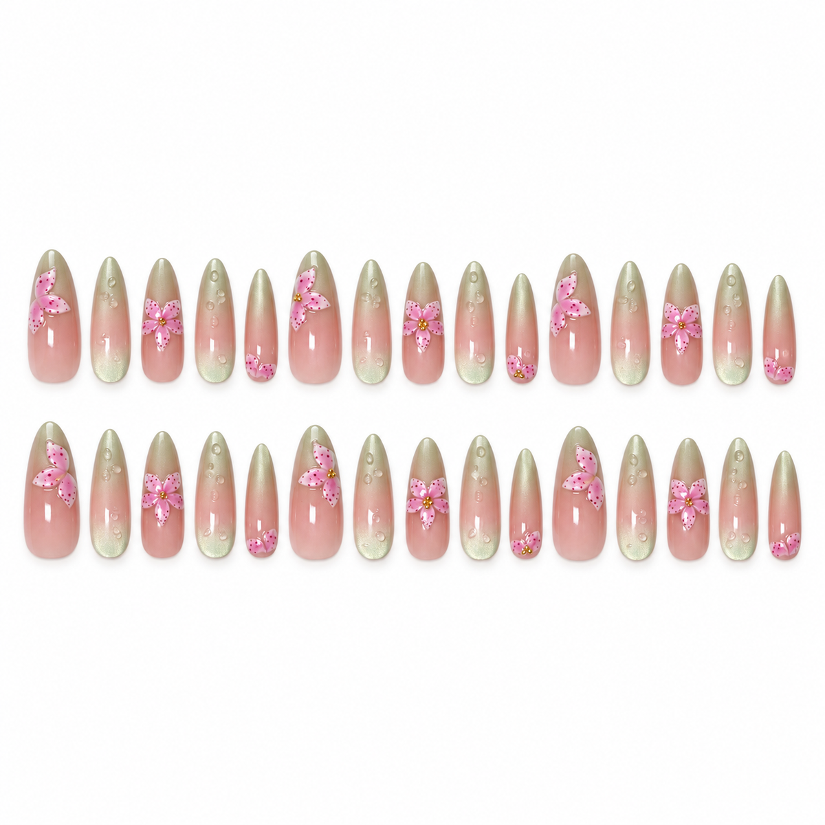 Matcha Cat Eye Carved Lily Press On Nail Set