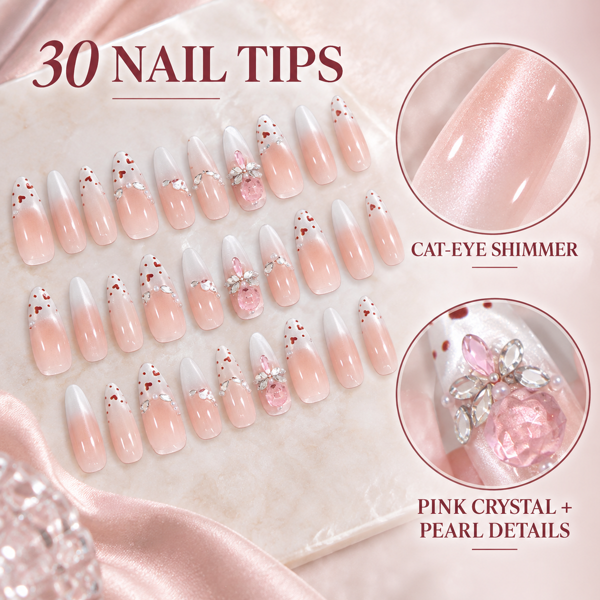 Glacier Pink Crystal Cat Eye Press On Nail Set