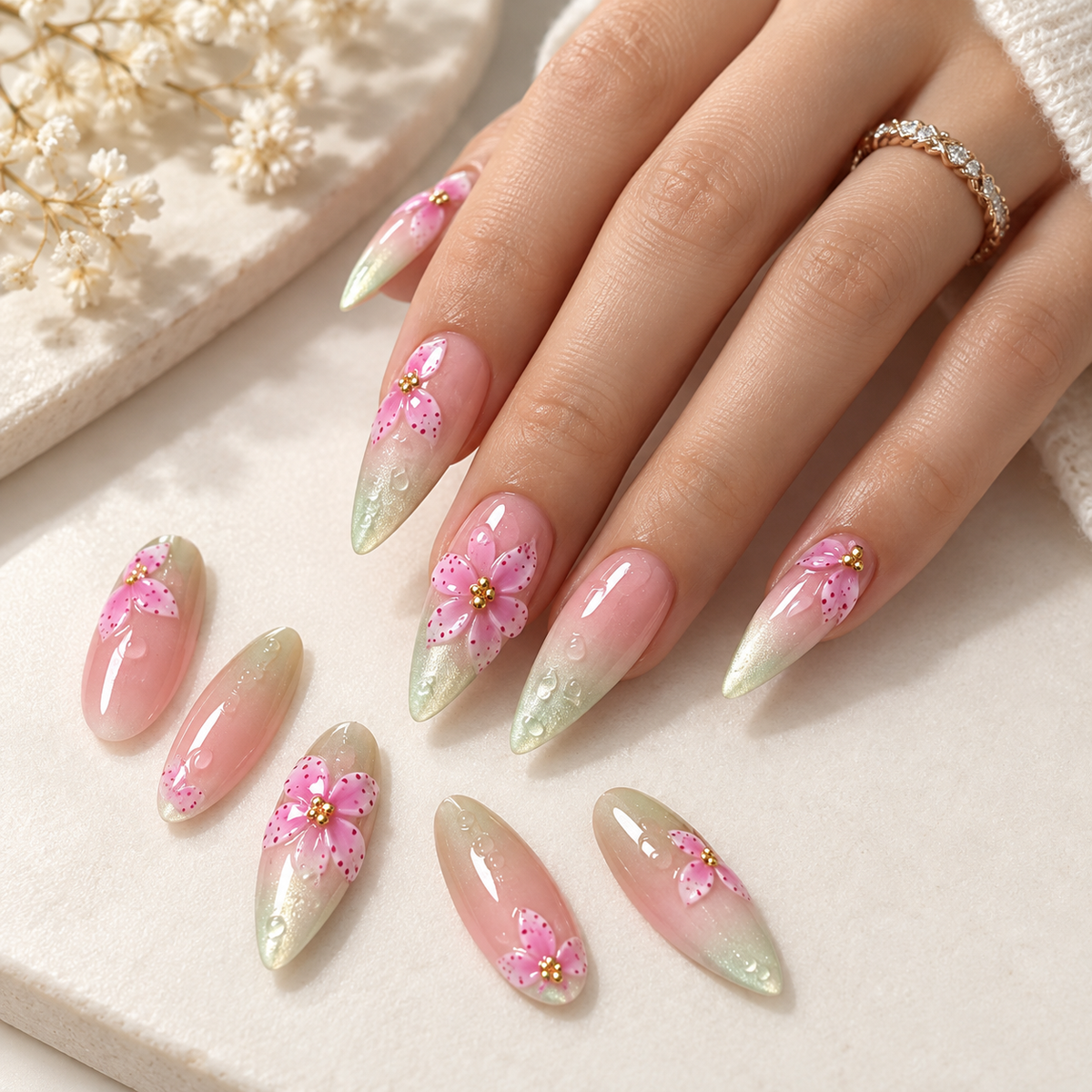 Matcha Cat Eye Carved Lily Press On Nail Set