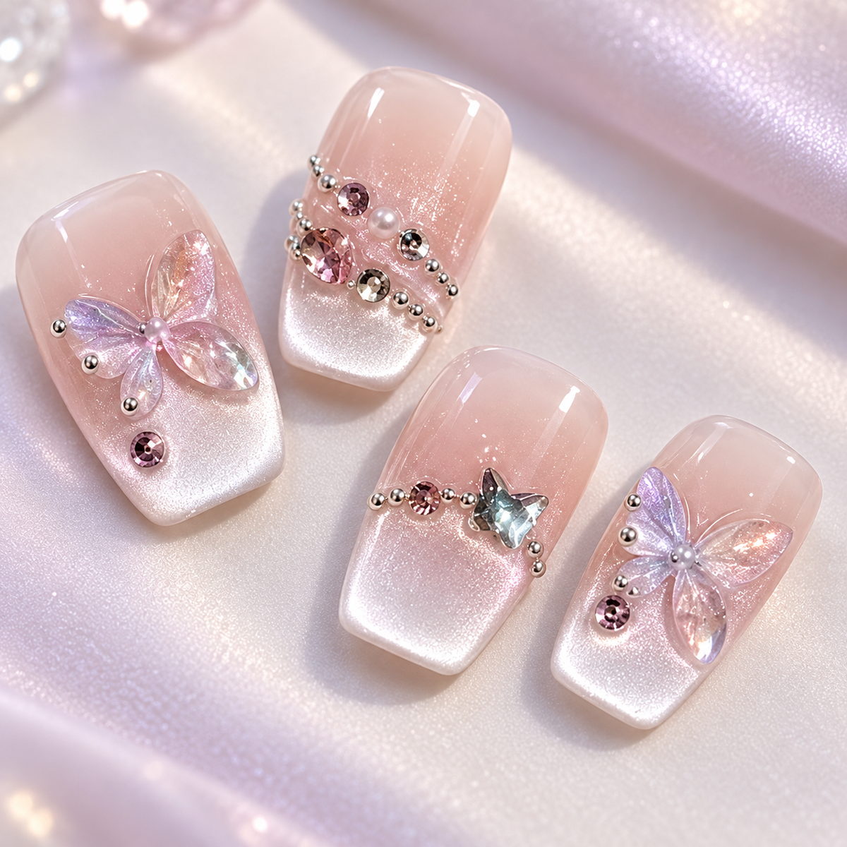 Ice Crystal Butterfly Cat Eye Press On Nail Set
