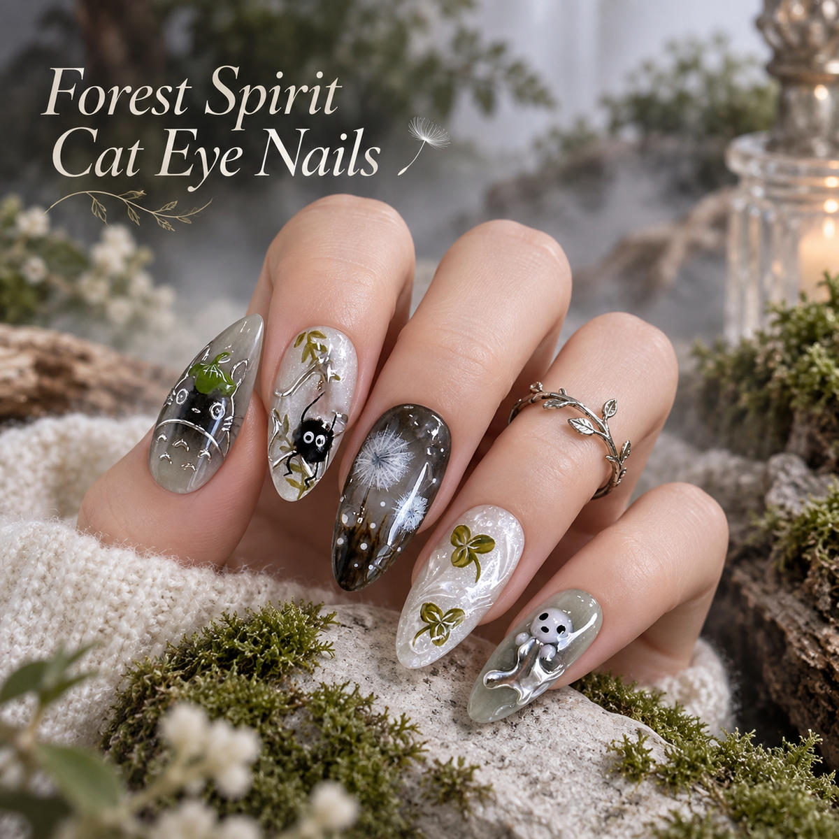 Sweet Cool Cat Eye Forest Press On Nails - image 3