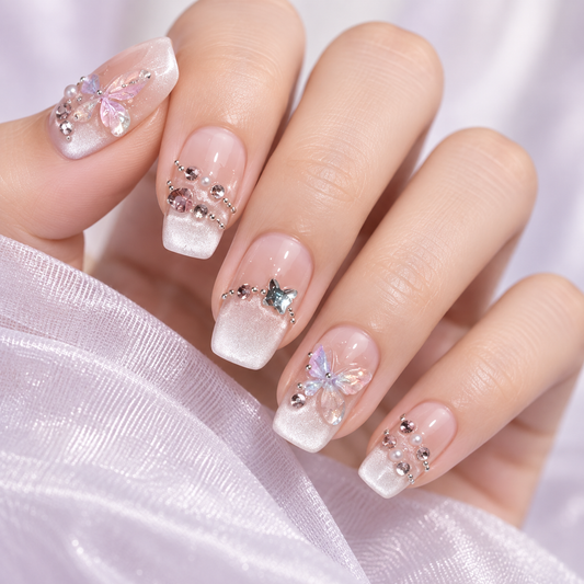 Ice Crystal Butterfly Cat Eye Press On Nail Set