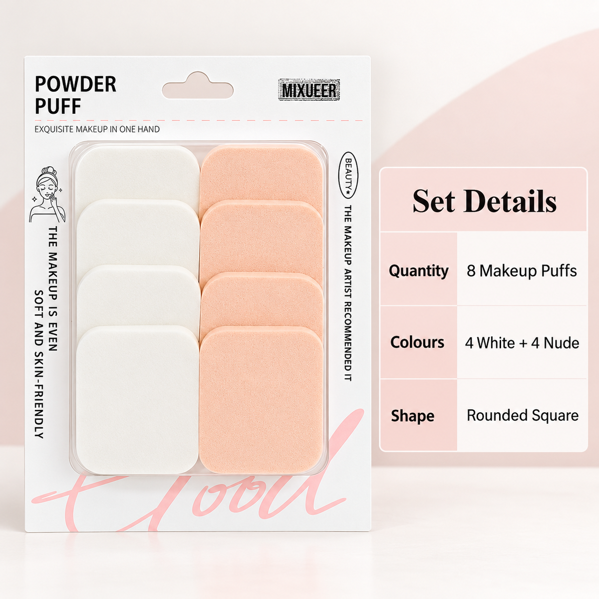 Square Makeup Puffs – 8-Piece White & Nude Set 3