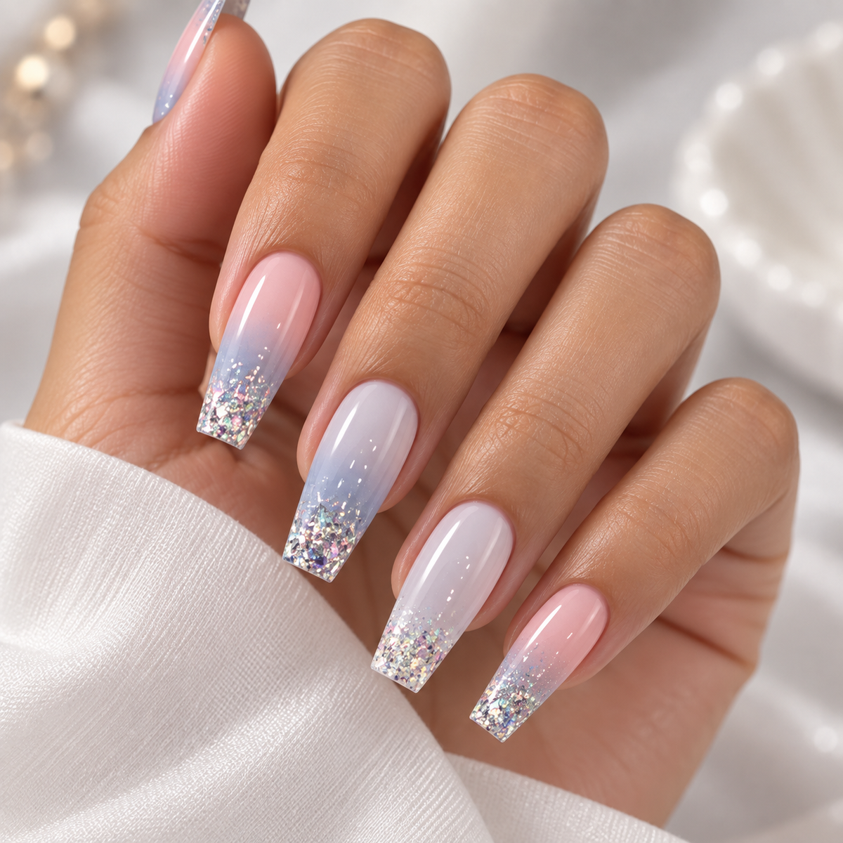 Blue Pink Gradient Glitter Ballerina Press On Nail Set