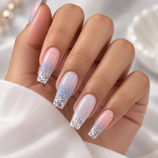Blue Pink Gradient Glitter Ballerina Press On Nail Set