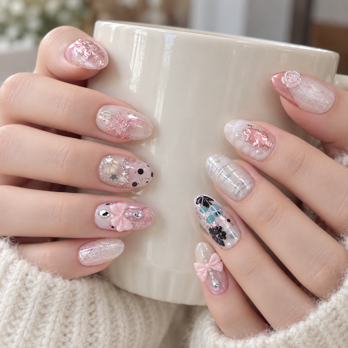 Misty Pink White Tea Pearl Press On Nail Set