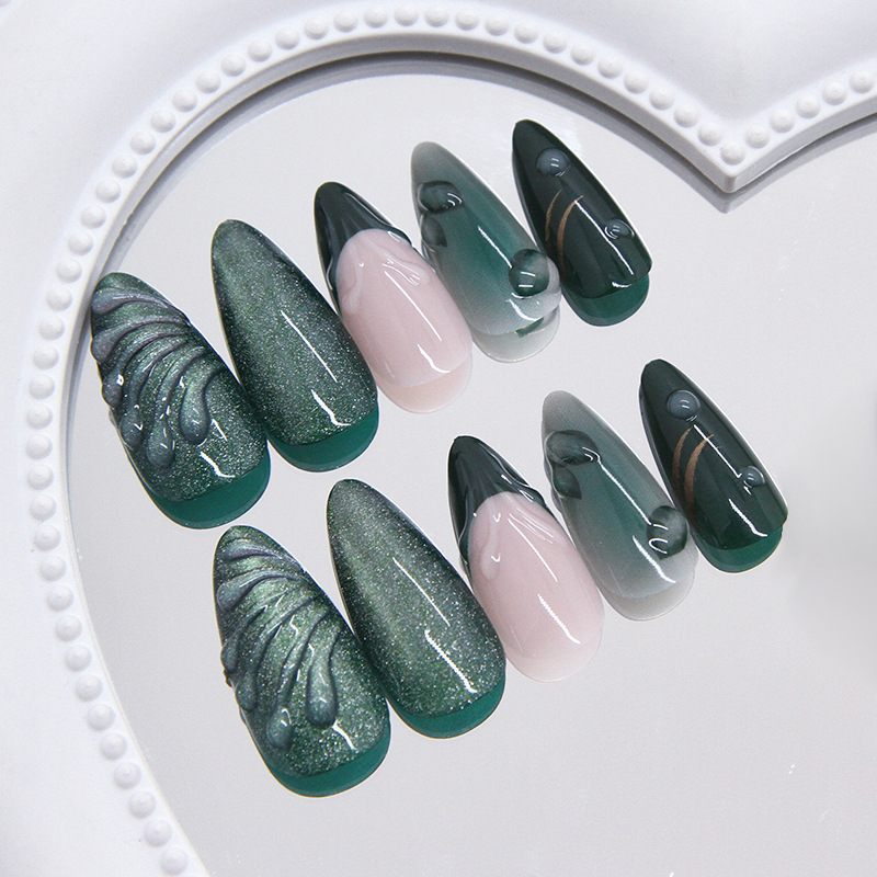 Green Ripple French Cat Eye Press On Nails 24 Piece Set - image 2