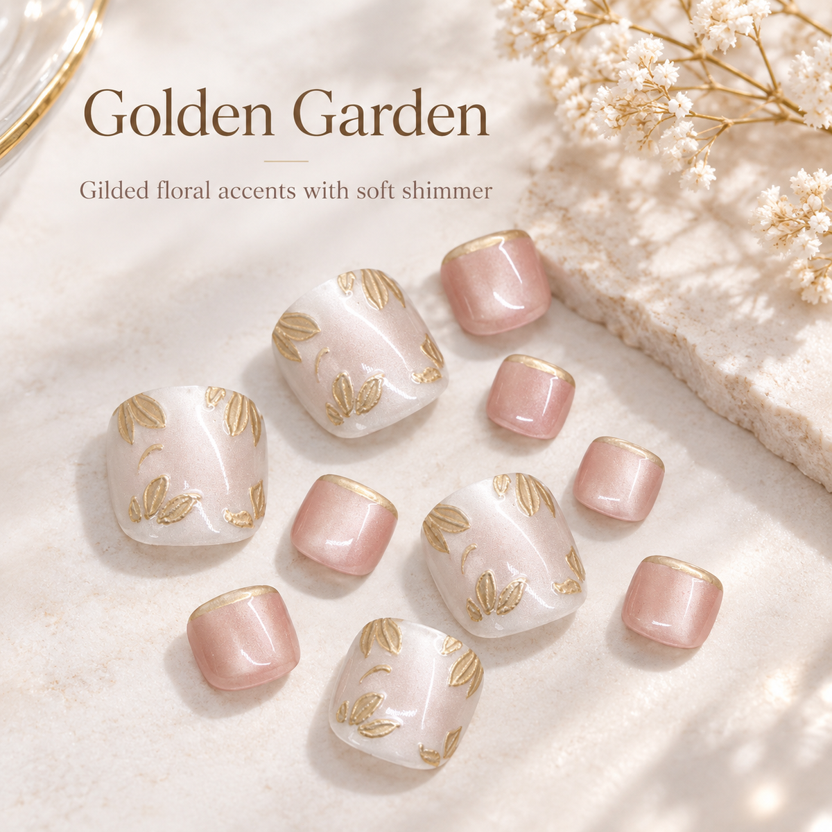 Gilded Floral Cat Eye Press On Toenail Set