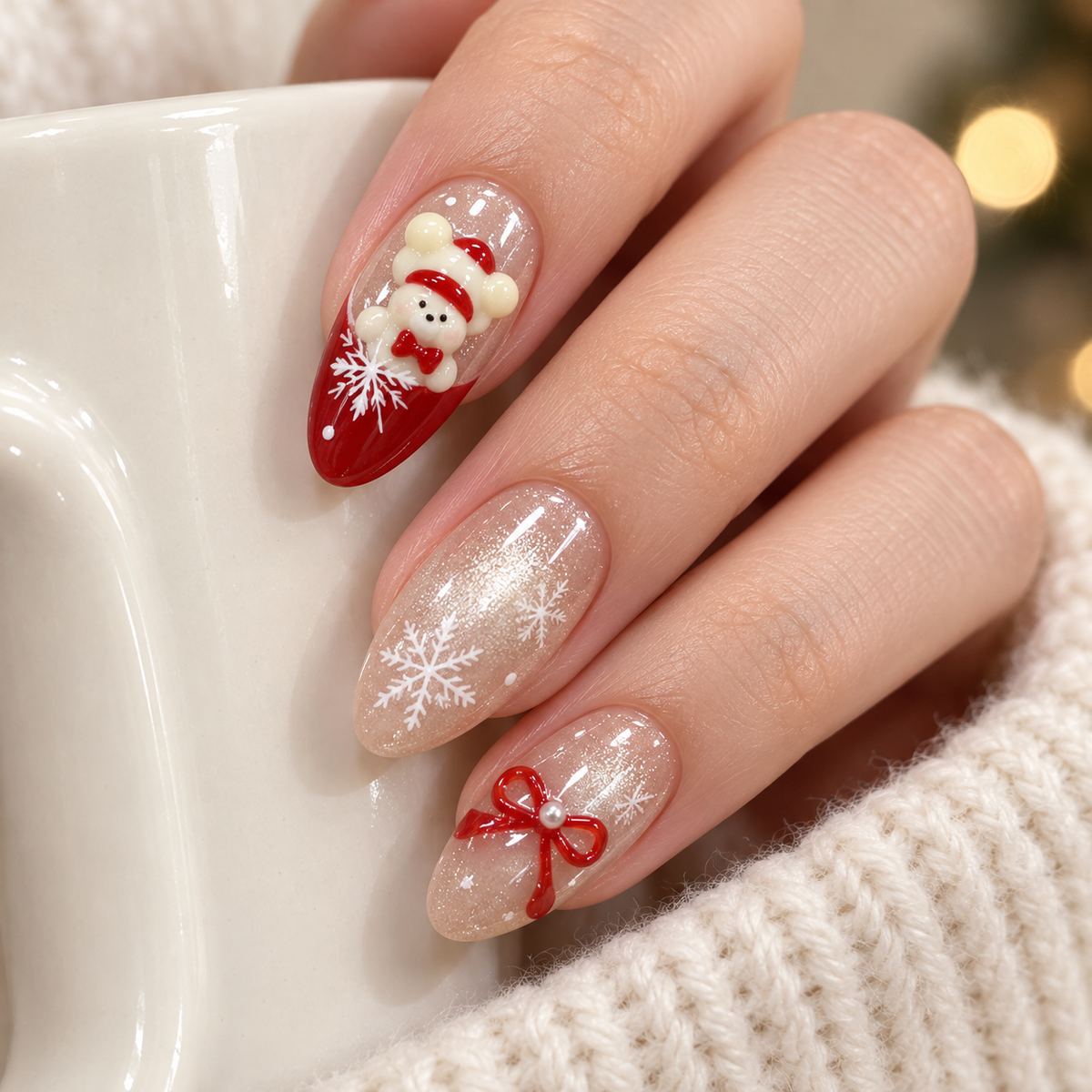 Milky Apricot Christmas Bear Press On Nail Set