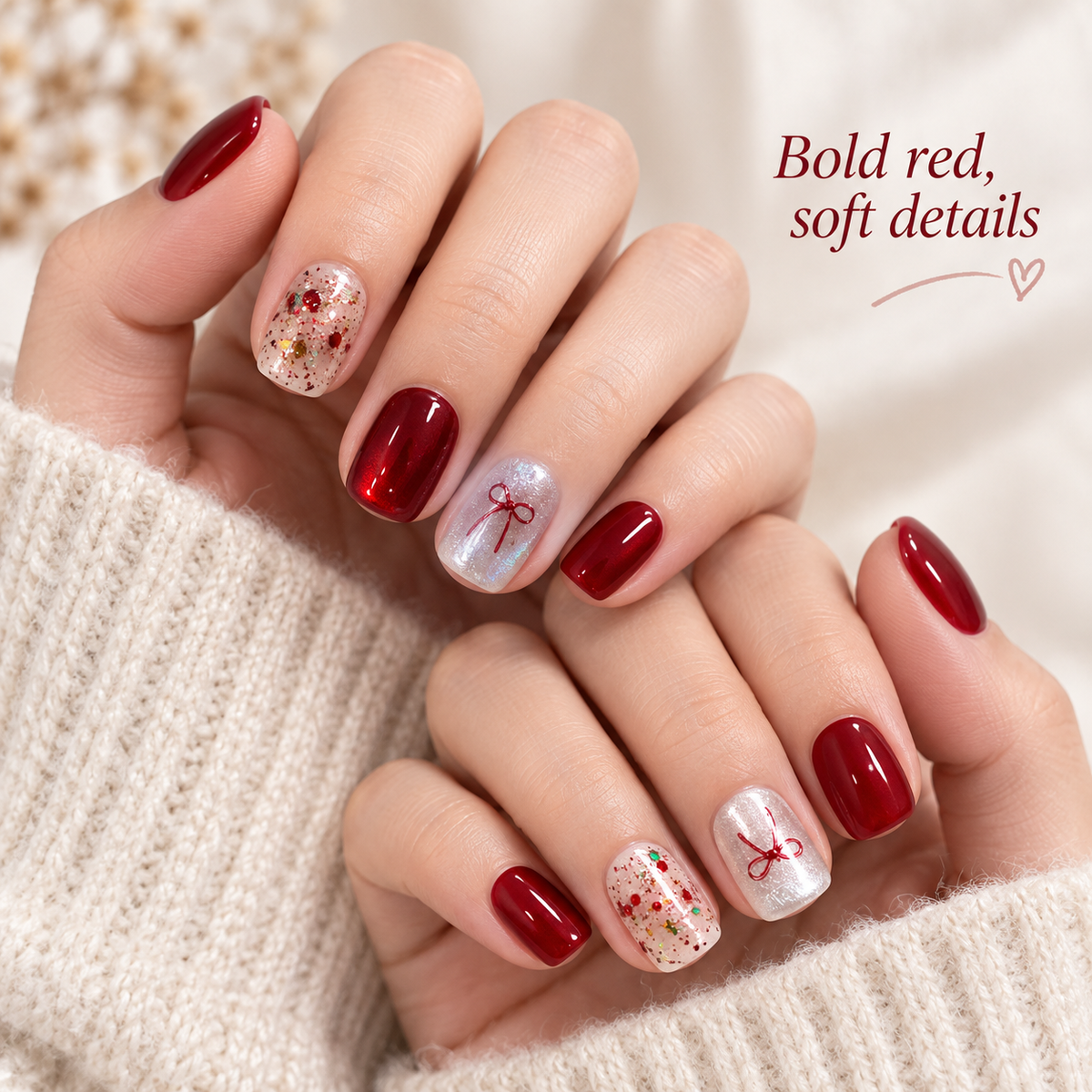 Red Bow Crushed Ice Cat Eye Press On Nail Set