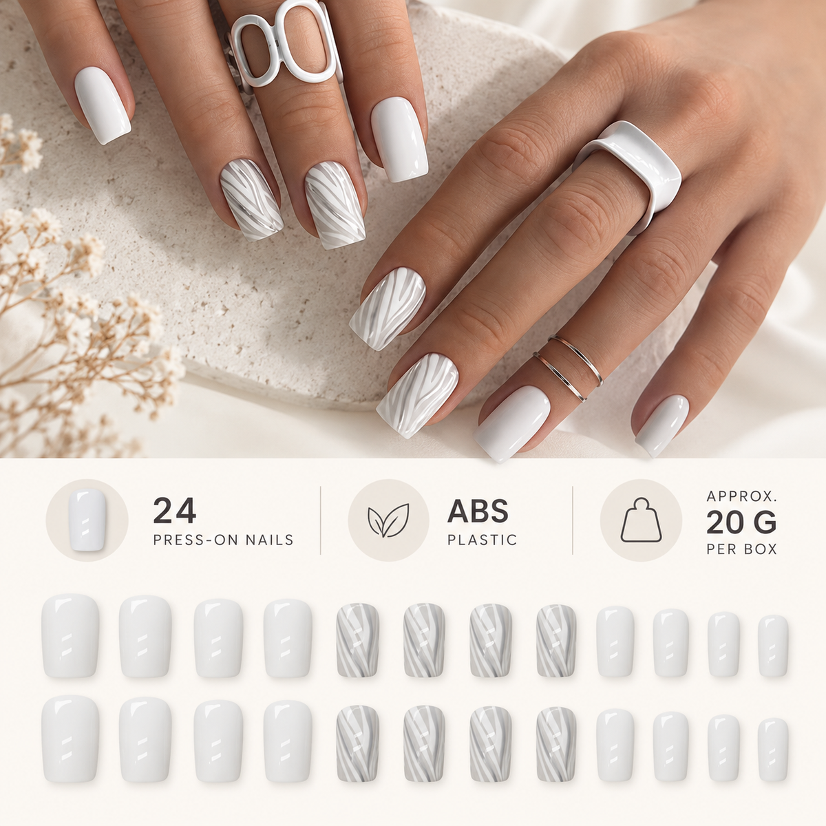 Gray White Woodgrain Hills Press On Nail Set