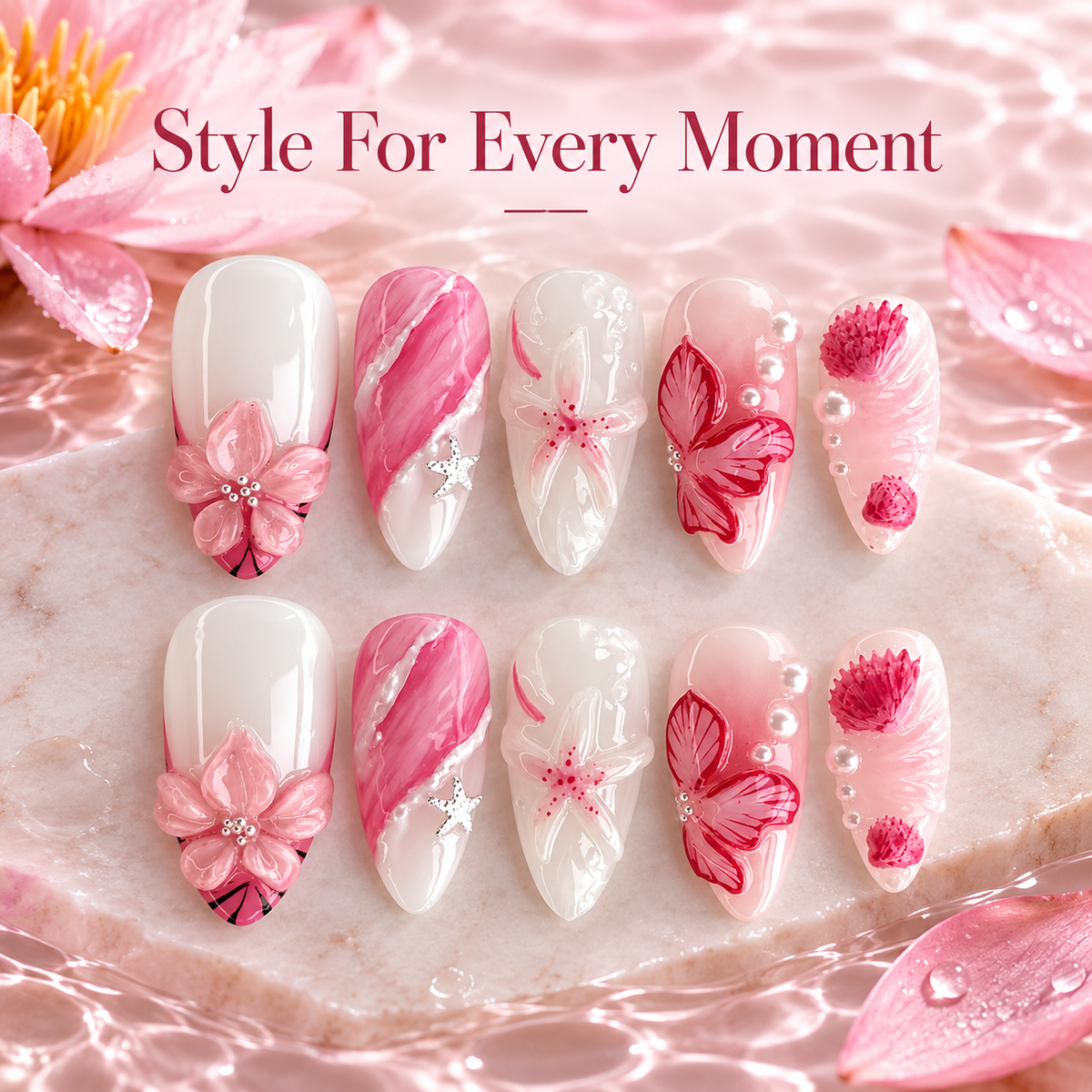 Pink Water Lily Sculpted French Press On Nails - replacement image 1