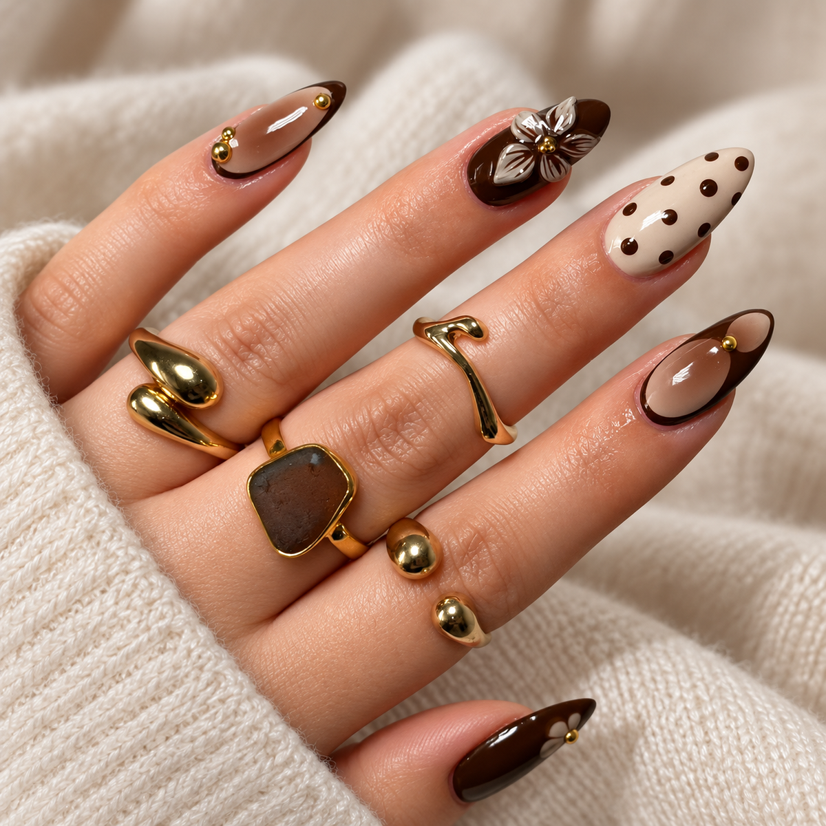 Mocha Cream Floral Gold Bead Press On Nail Set