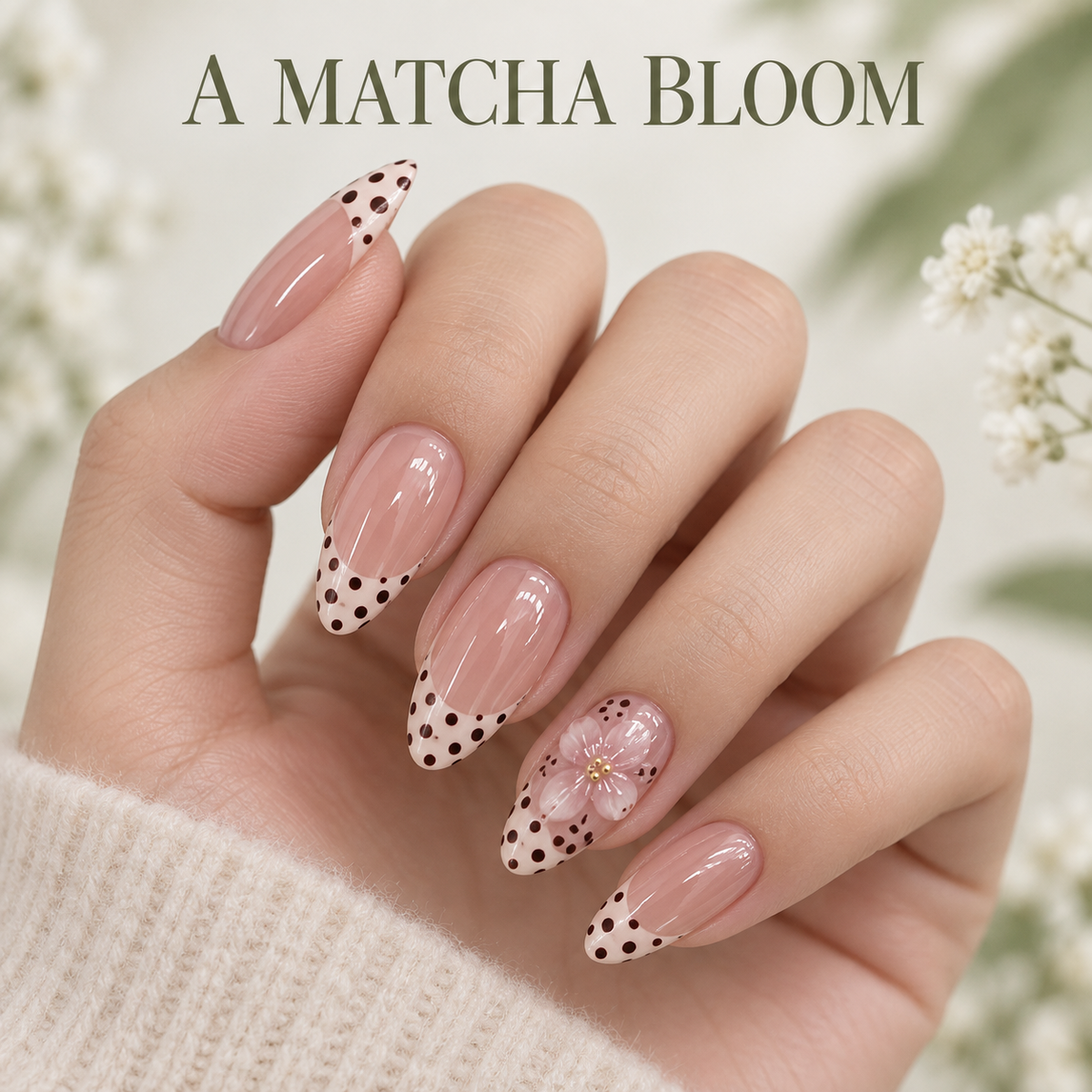 Matcha Polka Dot Floral Press On Nail Set