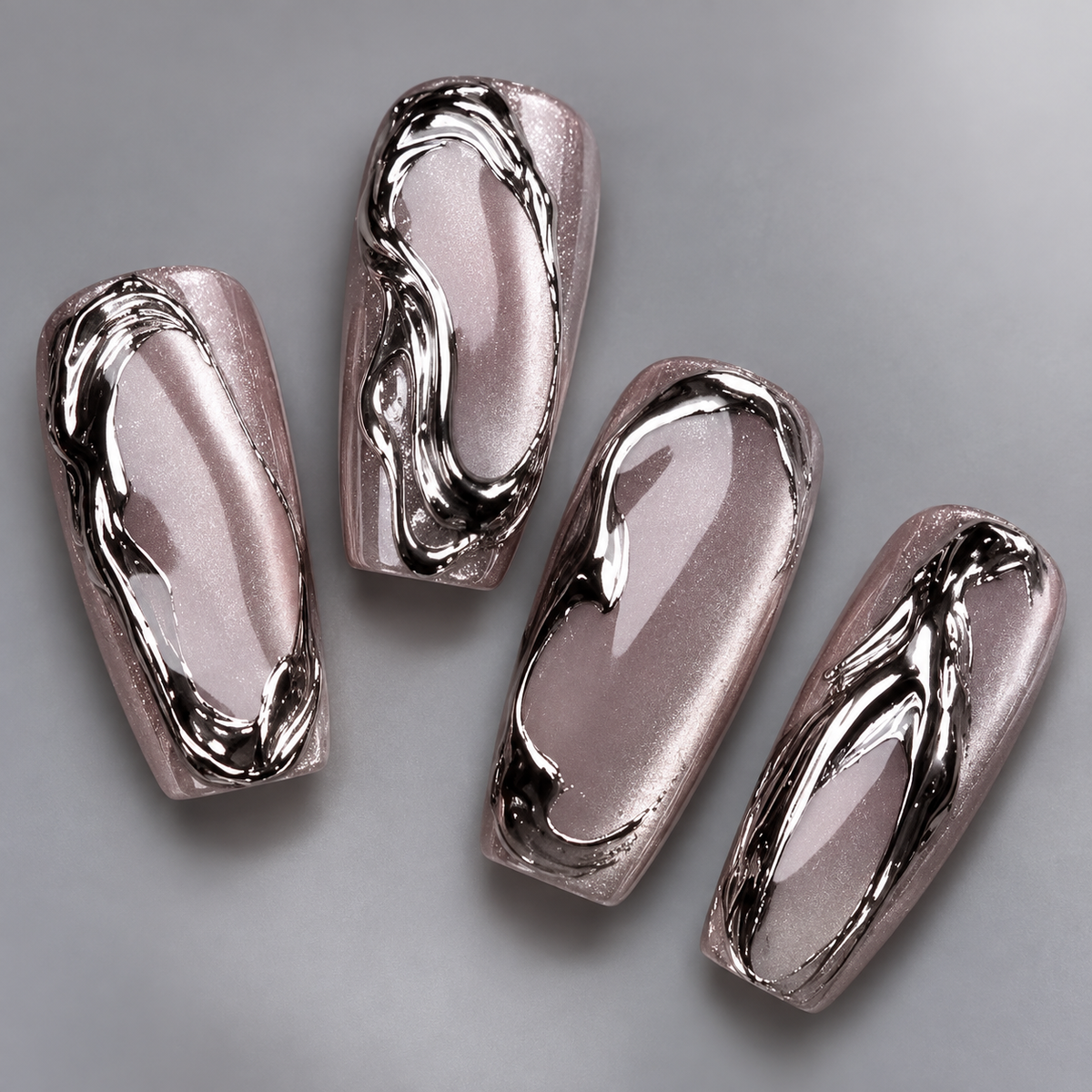Metallic Silver Cat Eye Mercury Glass Press On Nail Set