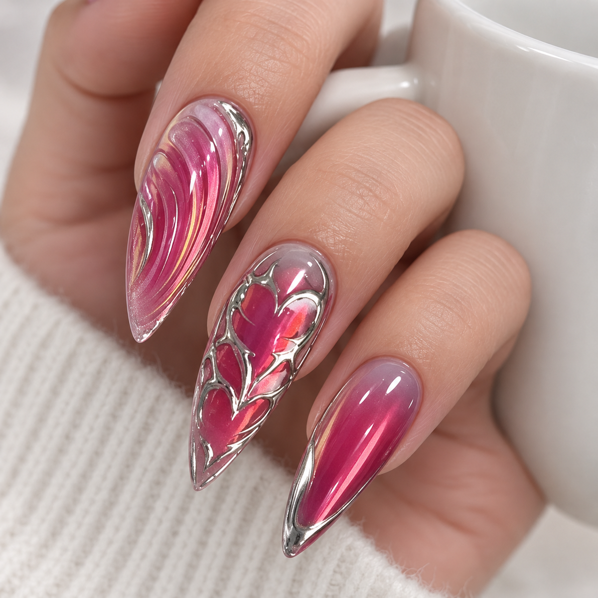 Silver Feather Liquid Chrome Wave Press On Nail Set