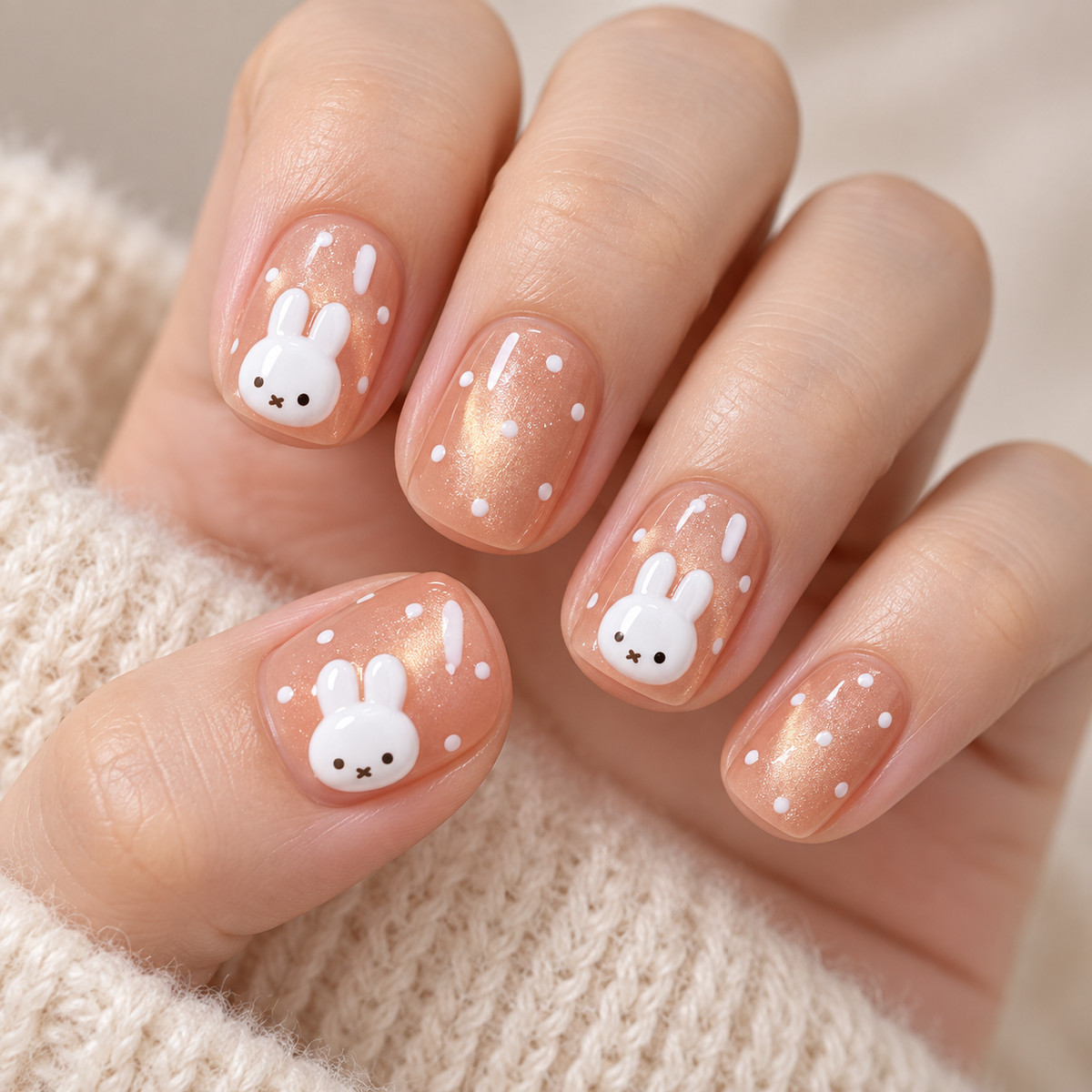 Creamy Bunny Polka Dot Cat Eye Press On Nail Set