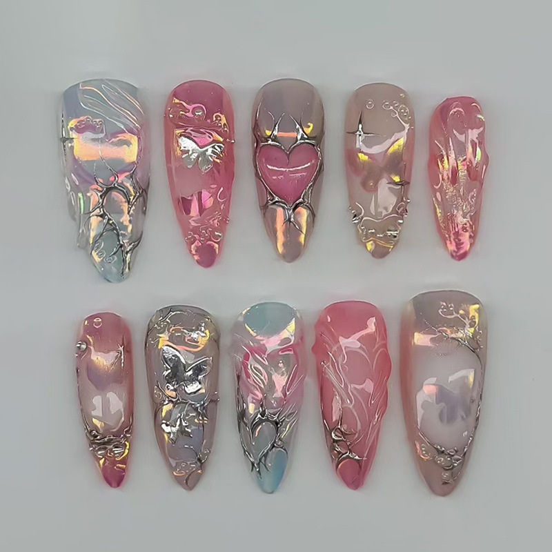 Silver Heart Gradient Metallic Press On Nails - image 4