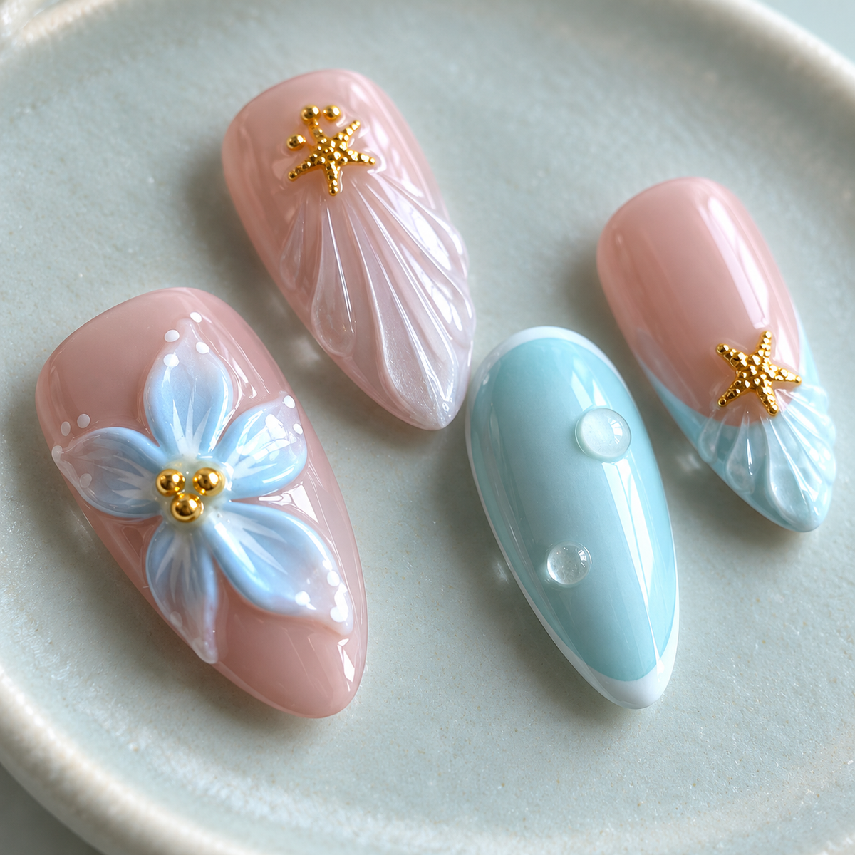 Blue Island Floral Starfish Press On Nail Set