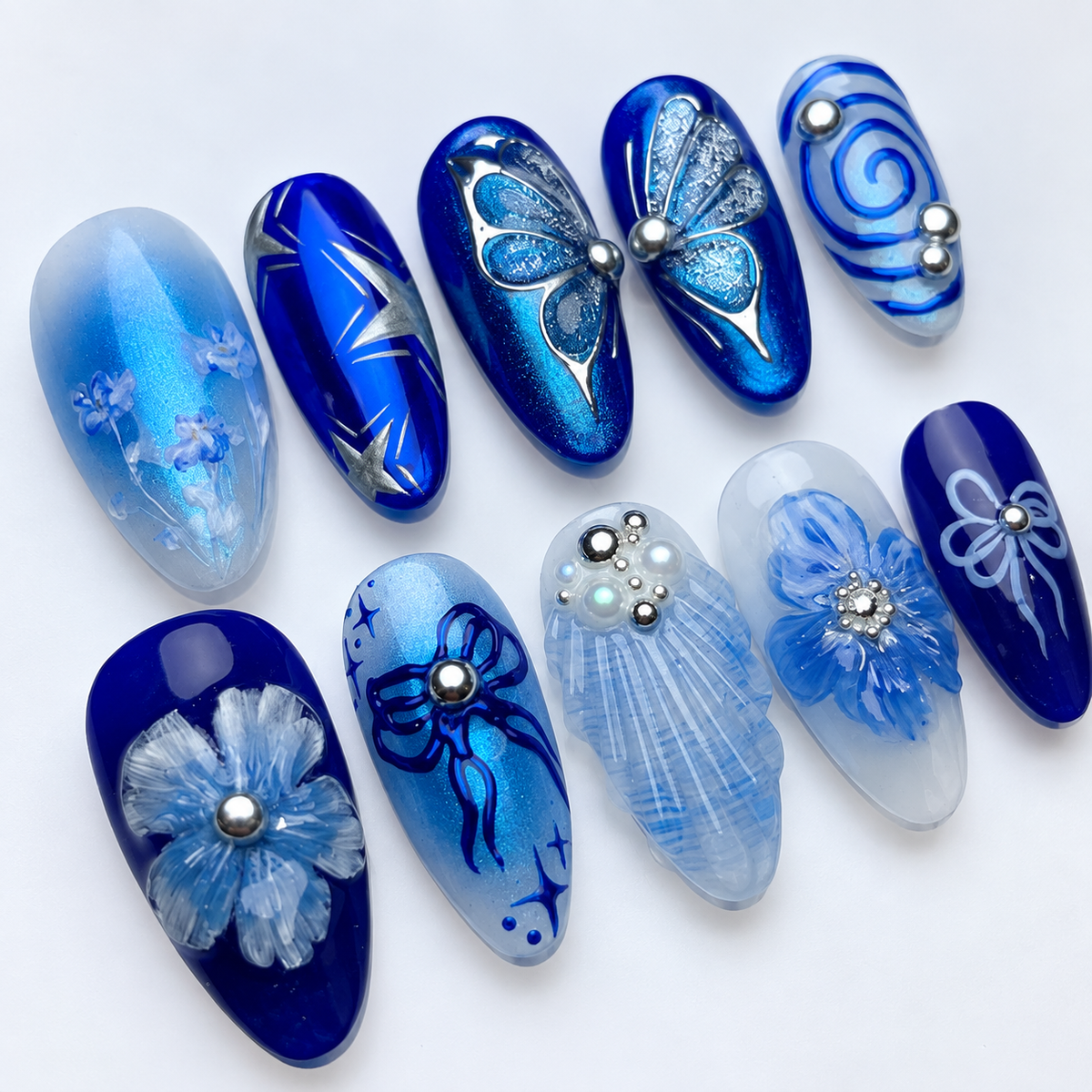 Deep Blue Floral Butterfly Pearl Press On Nail Set