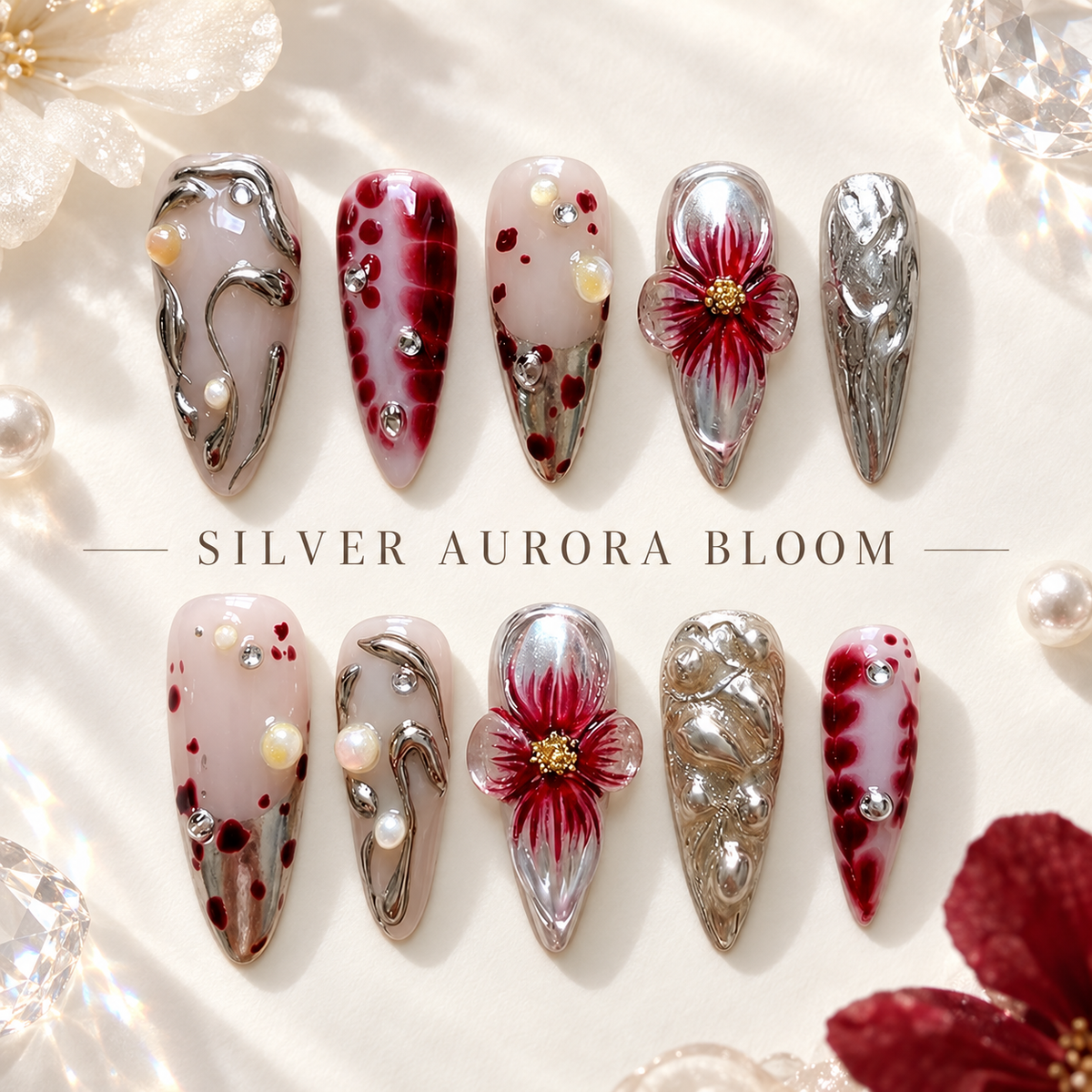 Midnight Silver Aurora Floral Press On Nail Set