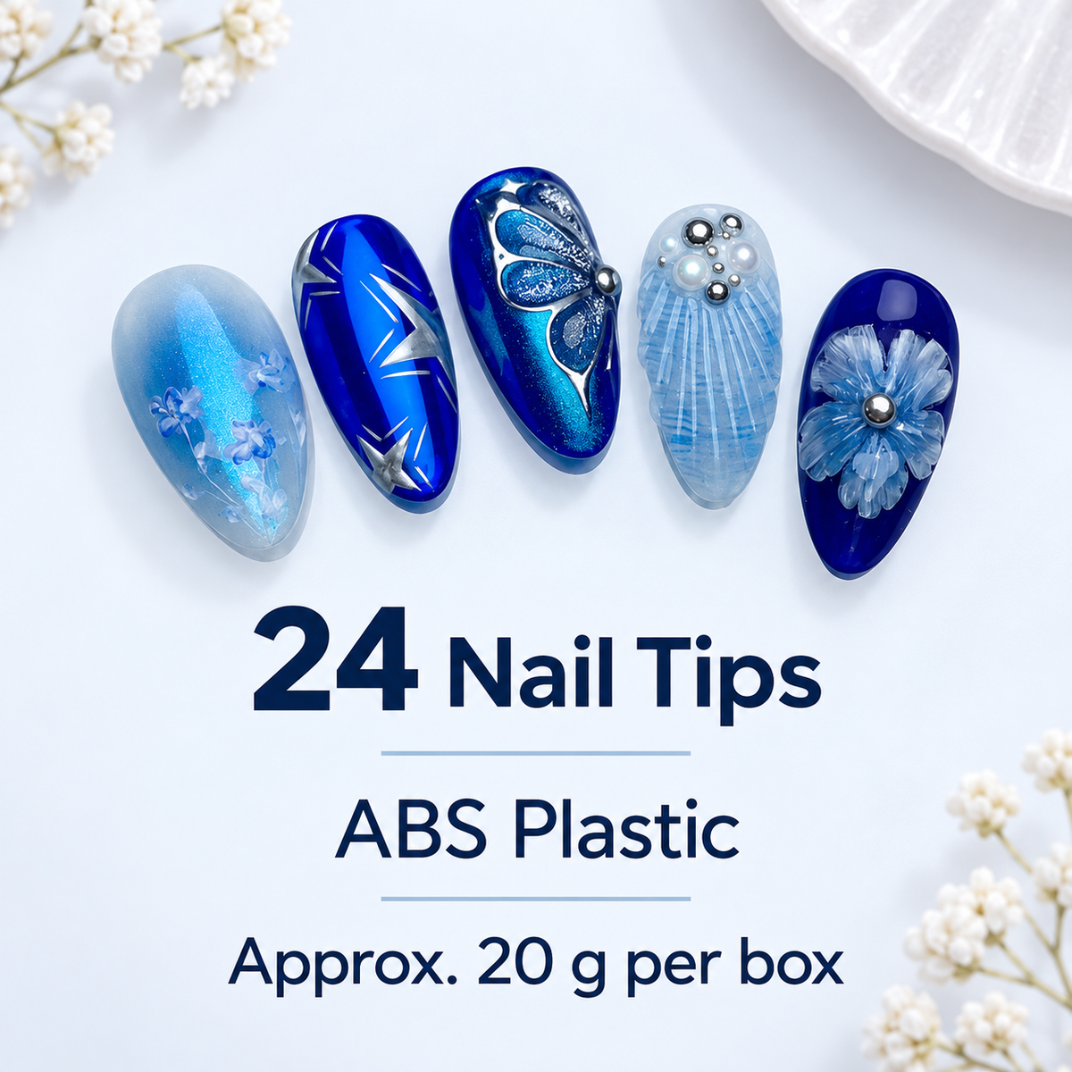 Deep Blue Floral Butterfly Pearl Press On Nail Set