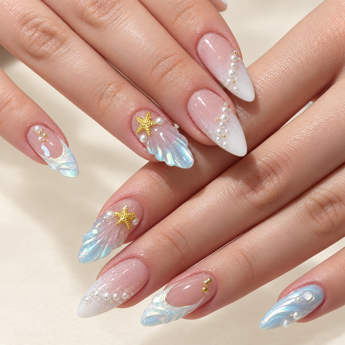 Ocean Mermaid Shell Star Press On Nails 24 Piece Set - replacement image 1