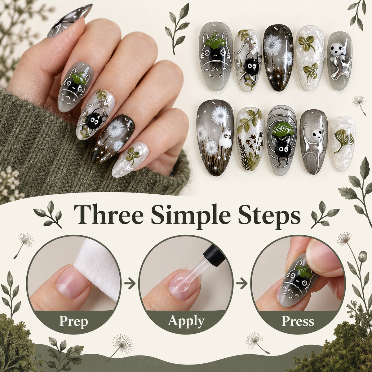Sweet Cool Cat Eye Forest Press On Nails - image 7
