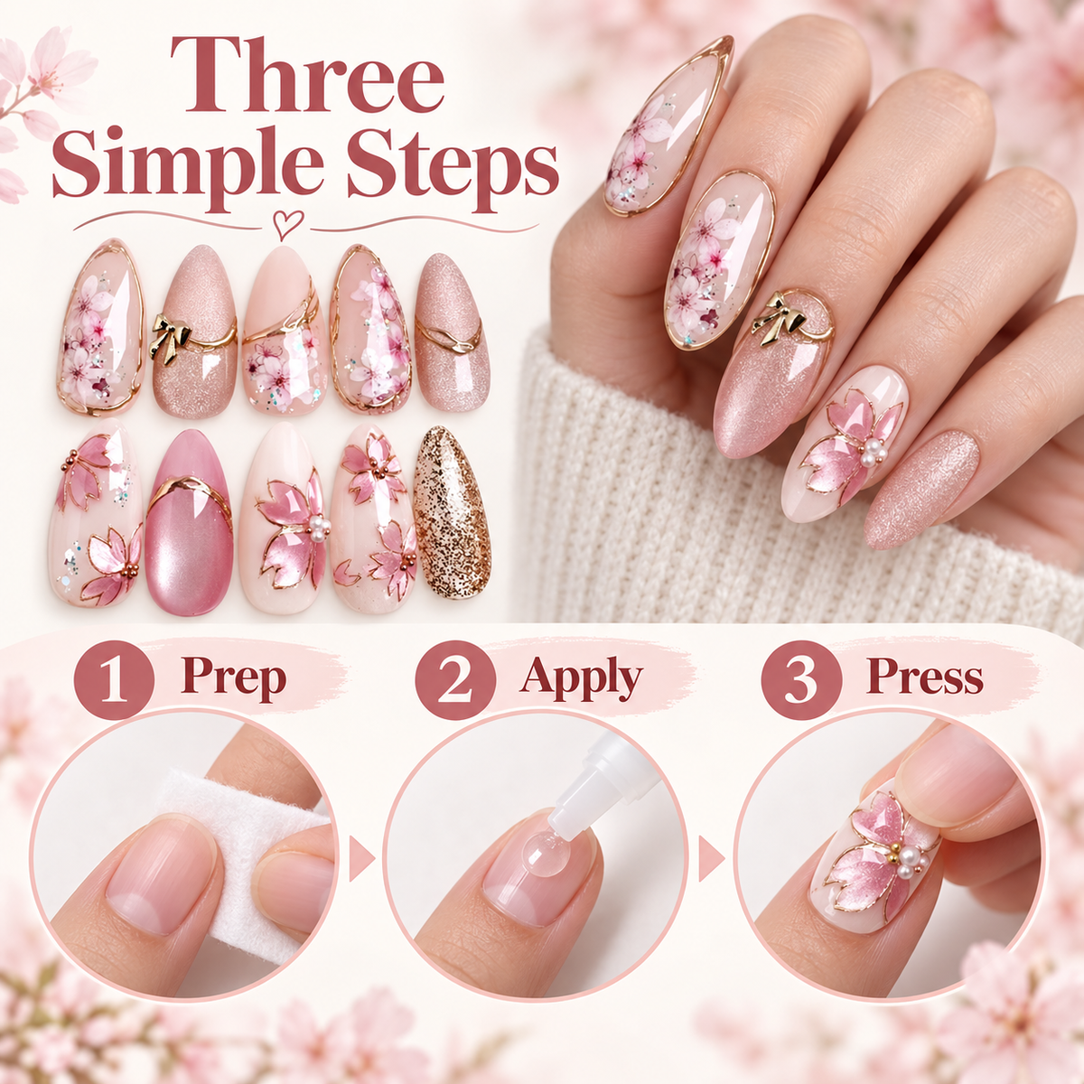 Cat Eye Gold Floral Almond Press On Nails - image 7