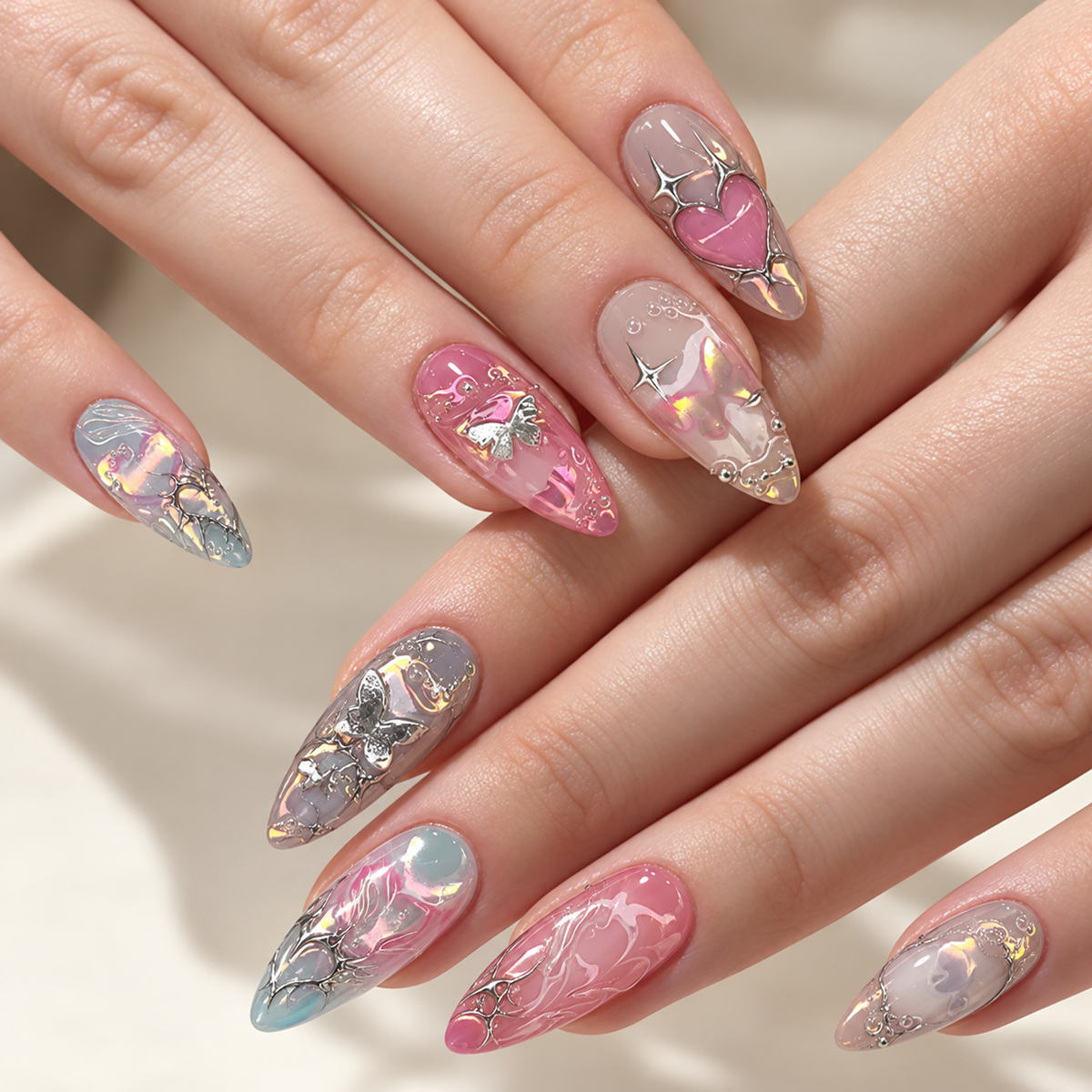 Silver Heart Gradient Metallic Press On Nails - replacement image 1