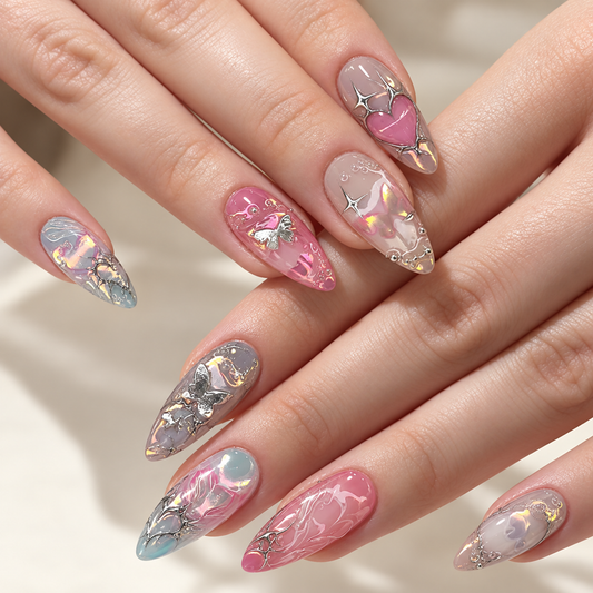 Silver Heart Gradient Metallic Press On Nails - replacement image 1