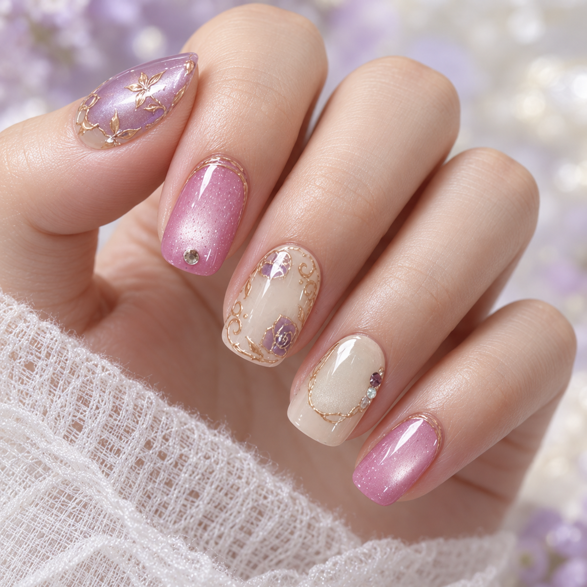 Moonlit Purple Gilded Floral Cat Eye Press On Nail Set