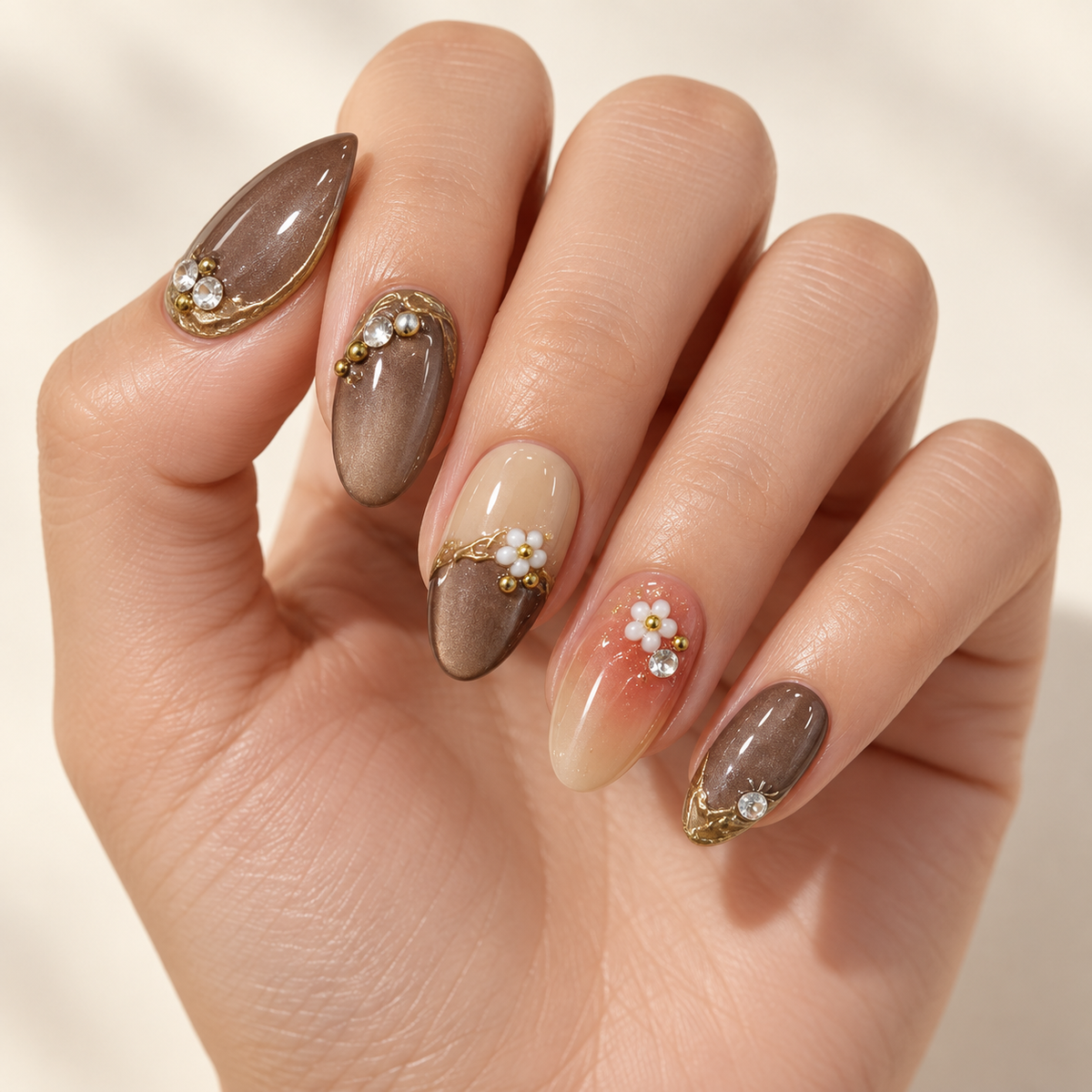Gilded Charm Cat Eye Floral Press On Nail Set