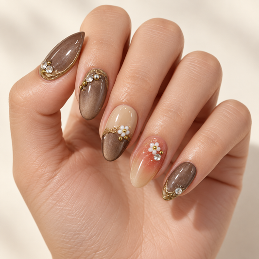 Gilded Charm Cat Eye Floral Press On Nail Set
