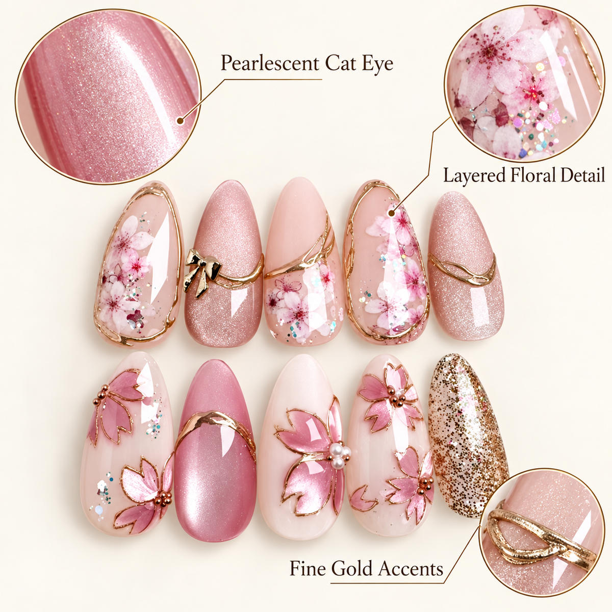 Cat Eye Gold Floral Almond Press On Nails - image 5
