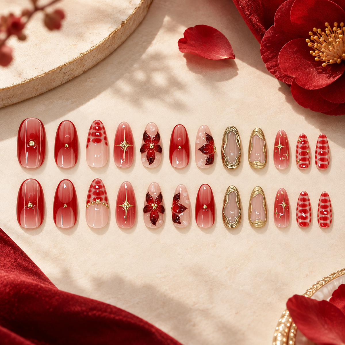 Crimson Camellia Gold Bead Press On Nail Set