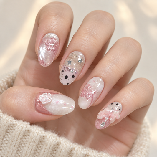 Misty Pink White Tea Pearl Press On Nail Set