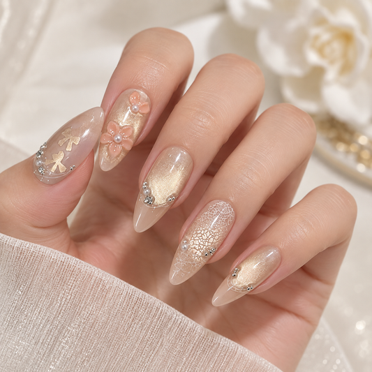 Gardenia Pearl Diamond Cat Eye Press On Nail Set