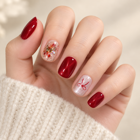 Red Bow Crushed Ice Cat Eye Press On Nail Set